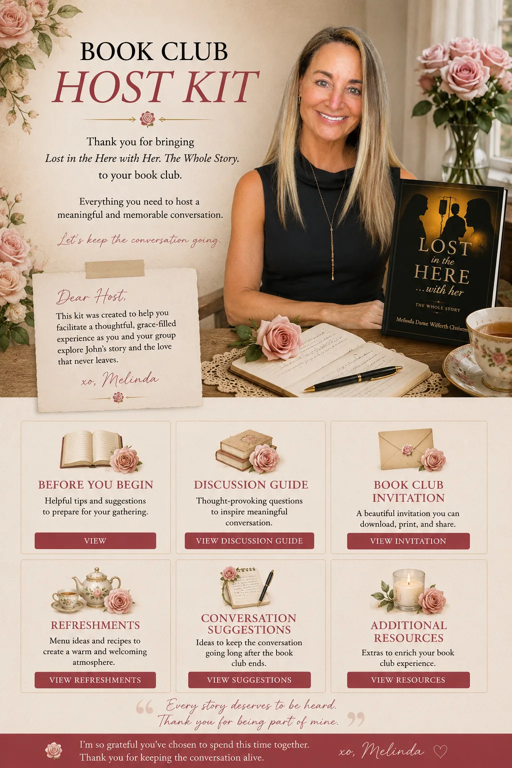 Book Club Host Kit with six resources for hosting a thoughtful discussion of Lost in the Here with Her