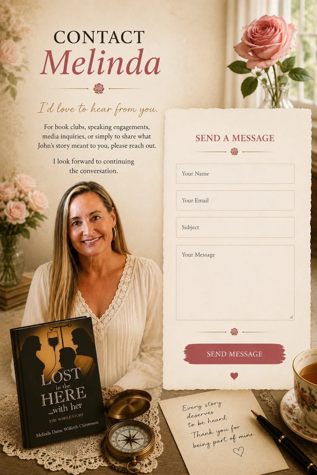 Contact Melinda about book clubs, speaking engagements, media inquiries, or John’s story
