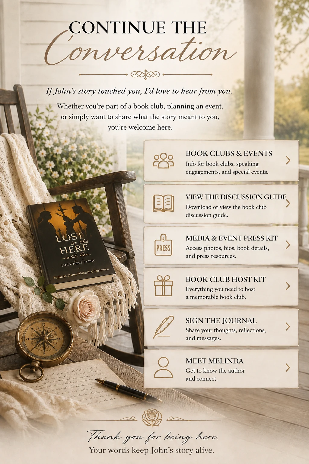 Continue the Conversation: resources for book clubs, events, readers, and connecting with Melinda