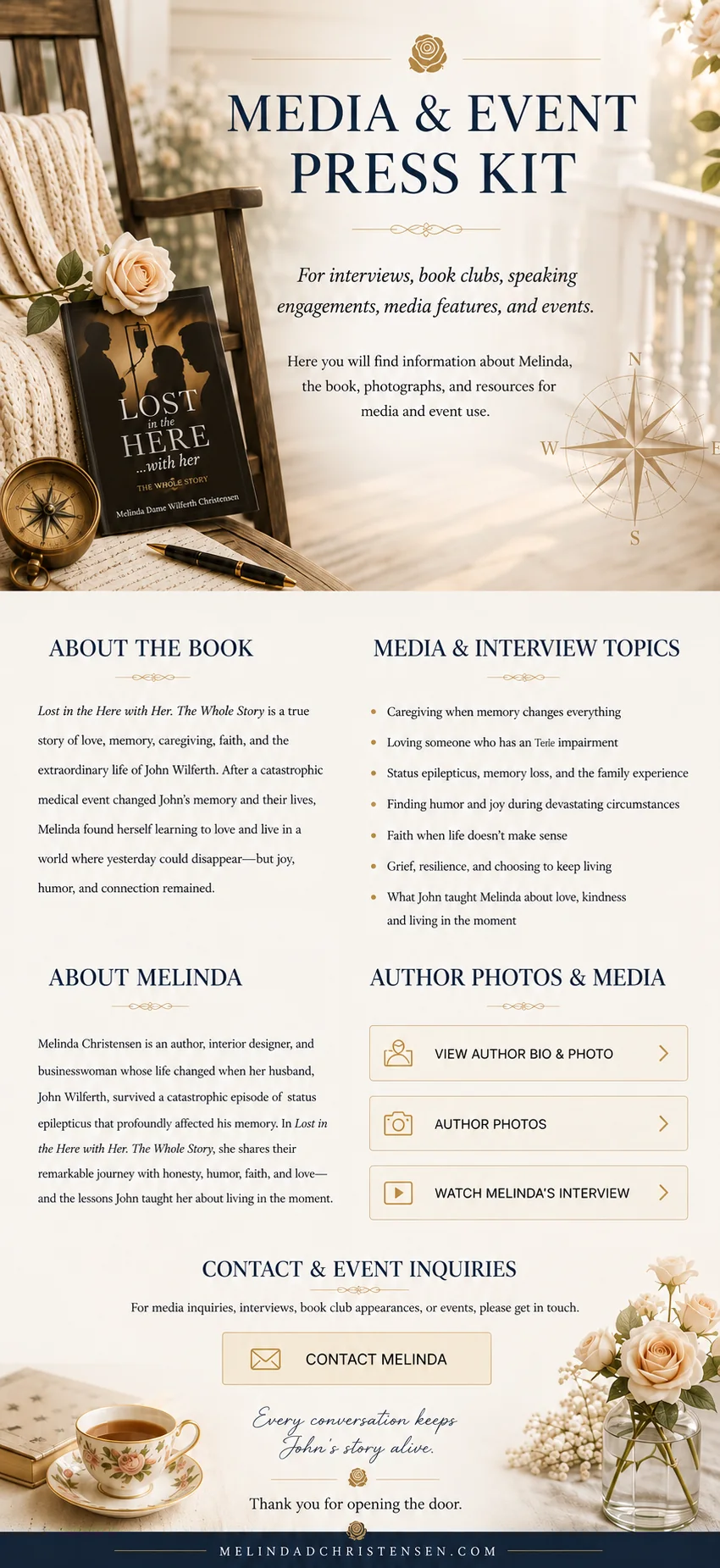 Media and Event Press Kit for Melinda Christensen, including book information, interview topics, author media, and contact information